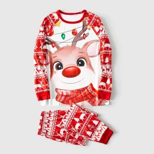 Christmas Deer & Lights Print Red Family Matching Raglan-sleeve Pajamas Sets (Flame Resistant) #1004798