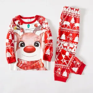 Christmas Deer & Lights Print Red Family Matching Raglan-sleeve Pajamas Sets (Flame Resistant) #1004807
