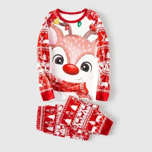 Christmas Deer & Lights Print Red Family Matching Raglan-sleeve Pajamas Sets (Flame Resistant) #1171287