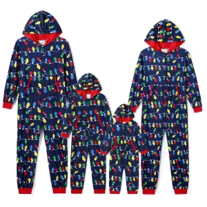 Christmas Family Matching Allover Colorful String Lights Print Zipper Long-sleeve Hooded Onesies Pajamas (Flame Resistant) #1005025