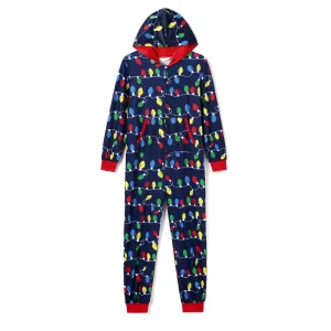 Christmas Family Matching Allover Colorful String Lights Print Zipper Long-sleeve Hooded Onesies Pajamas (Flame Resistant) #1005032