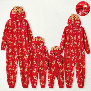 Christmas Family Matching Allover Deer Print 3D Antler Hooded Long-sleeve Red Thickened Polar Fleece Onesies Pajamas (Flame Resistant) #1005247