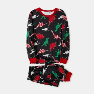 Christmas Family Matching Allover Dinosaur Print Black Long-sleeve Pajamas Sets (Flame Resistant) #1060327
