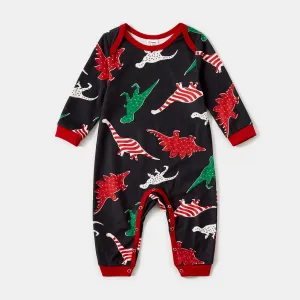 Christmas Family Matching Allover Dinosaur Print Black Long-sleeve Pajamas Sets (Flame Resistant) #1060336