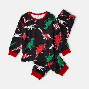 Christmas Family Matching Allover Dinosaur Print Black Long-sleeve Pajamas Sets (Flame Resistant) #1191246