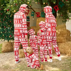 Christmas Family Matching Allover Red Print Long-sleeve Hooded Zipper Onesies Pajamas Sets (Flame Resistant) #1005035