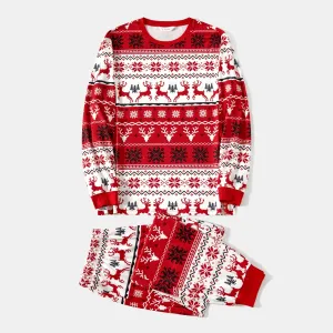Christmas Family Matching Allover Reindeers and Snowflake Print Long-sleeve Red Pajamas Sets (Flame Resistant) #1067911