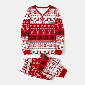 Christmas Family Matching Allover Reindeers and Snowflake Print Long-sleeve Red Pajamas Sets (Flame Resistant) #1067915