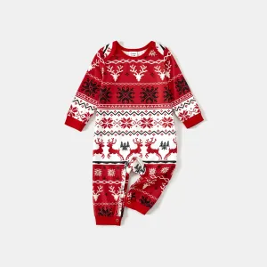 Christmas Family Matching Allover Reindeers and Snowflake Print Long-sleeve Red Pajamas Sets (Flame Resistant) #1067918