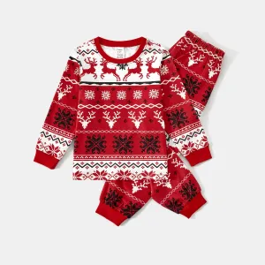 Christmas Family Matching Allover Reindeers and Snowflake Print Long-sleeve Red Pajamas Sets (Flame Resistant) #1067923