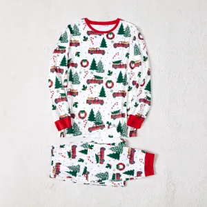Christmas Family Matching Allover Xmas Tree & Car Print Long-sleeve Pajamas Sets (Flame Resistant) #1005092