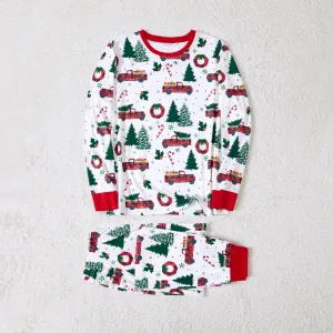 Christmas Family Matching Allover Xmas Tree & Car Print Long-sleeve Pajamas Sets (Flame Resistant) #1006368