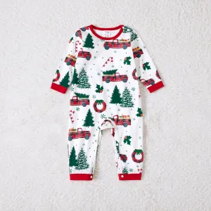 Christmas Family Matching Allover Xmas Tree & Car Print Long-sleeve Pajamas Sets (Flame Resistant) #1007754