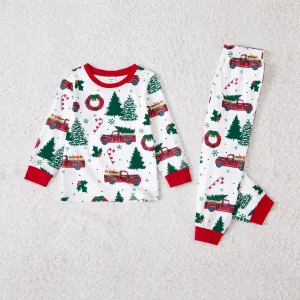 Christmas Family Matching Allover Xmas Tree & Car Print Long-sleeve Pajamas Sets (Flame Resistant) #1007756
