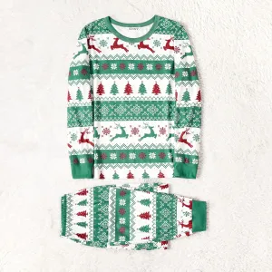 Christmas Family Matching Allover Xmas Tree & Reindeer Print Green Long-sleeve Naiaâ¢ Pajamas Sets (Flame Resistant) #1083378