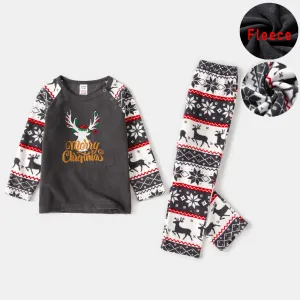 Christmas Family Matching Deer & Letter Embroidered Raglan-sleeve Thickened Polar Fleece Pajamas Sets (Flame Resistant) #1004935
