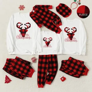 Christmas Family Matching Deer & Letter Embroidered Thickened Polar Fleece Long-sleeve Red Plaid Pajamas Sets (Flame Resistant) #1005186