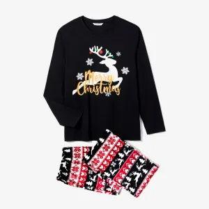 Christmas Family Matching Deer & Letter Print Black Long-sleeve Pajamas Sets (Flame Resistant) #1004987