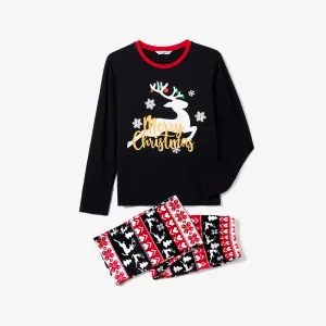 Christmas Family Matching Deer & Letter Print Black Long-sleeve Pajamas Sets (Flame Resistant) #1004989