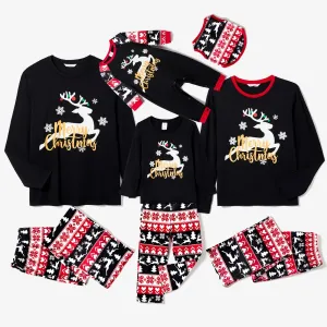 Christmas Family Matching Deer & Letter Print Black Long-sleeve Pajamas Sets (Flame Resistant) #1004993