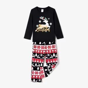 Christmas Family Matching Deer & Letter Print Black Long-sleeve Pajamas Sets (Flame Resistant) #1004994