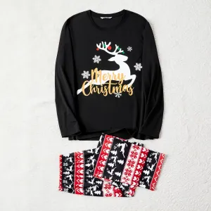 Christmas Family Matching Deer & Letter Print Black Long-sleeve Pajamas Sets (Flame Resistant) #1009994