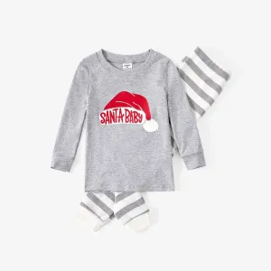 Christmas Family Matching Hat and Letters Print Cotton Long-Sleeve Naia Pajamas Sets(Flame resistant) #1190050