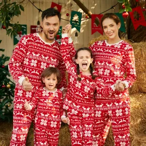 Christmas Family Matching Long-sleeve Allover Deer & Snowflake Print Red Thickened Polar Fleece Pajamas Sets (Flame Resistant) #1004899
