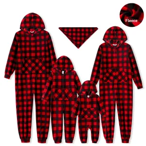 Christmas Family Matching Red Plaid Hooded Long-sleeve Thickened Polar Fleece Zipper Onesies Pajamas (Flame Resistant) #1005149