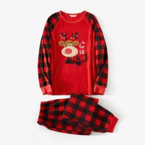 Christmas Family Matching Reindeer Embroidered Red Plaid Raglan-sleeve Thickened Polar Fleece Pajamas Sets (Flame Resistant) #1004847