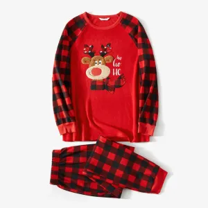 Christmas Family Matching Reindeer Embroidered Red Plaid Raglan-sleeve Thickened Polar Fleece Pajamas Sets (Flame Resistant) #1004851