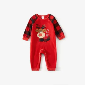 Christmas Family Matching Reindeer Embroidered Red Plaid Raglan-sleeve Thickened Polar Fleece Pajamas Sets (Flame Resistant) #1004855