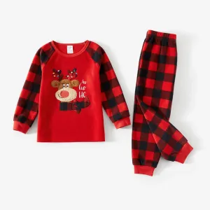 Christmas Family Matching Reindeer Embroidered Red Plaid Raglan-sleeve Thickened Polar Fleece Pajamas Sets (Flame Resistant) #1004861
