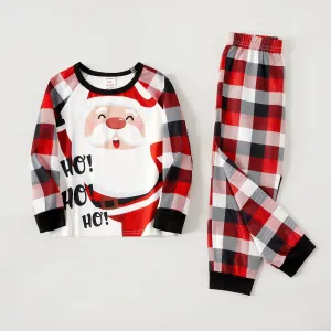 Christmas Family Matching Santa & Letter Print Red Plaid Raglan-sleeve Pajamas Sets (Flame Resistant) #1004876