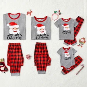 Christmas Family Matching Santa & Letter Print Short-sleeve Red Plaid Pajamas Sets (Flame Resistant) #1065223