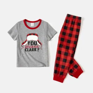 Christmas Family Matching Short-sleeve Hat & Letter Print Red Plaid Pajamas Sets (Flame Resistant) #815737