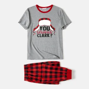 Christmas Family Matching Short-sleeve Hat & Letter Print Red Plaid Pajamas Sets (Flame Resistant) #815742