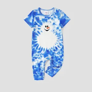 Christmas Family Matching Snowman Print  Blue Tie-dye Short-sleeve Pajamas Sets (Flame resistant) #1164739