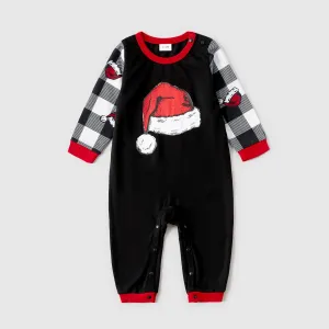 Christmas Family Matching Xmas Hat Print Black Long-sleeve Plaid Pajamas Sets (Flame Resistant) #1005109