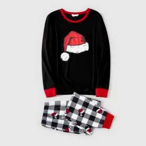 Christmas Family Matching Xmas Hat Print Black Long-sleeve Plaid Pajamas Sets (Flame Resistant) #1005112