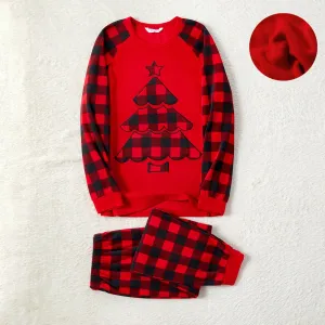 Christmas Family Matching Xmas Tree Embroidered Red Plaid Raglan-sleeve Thickened Polar Fleece Pajamas Sets (Flame Resistant) #1005077