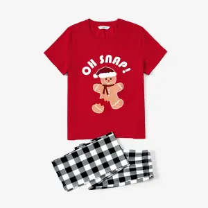 Christmas Gingerbread Man Print Family Matching Short-sleeve Tops and Plaid Pants Pajamas Sets (Flame Resistant) #1115085