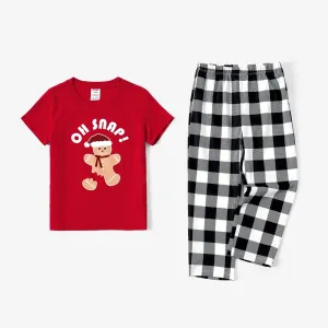 Christmas Family Matching Gingerbread Man Print Short-sleeve Tops and Plaid Pants Pajamas Sets (Flame Resistant) #1115091