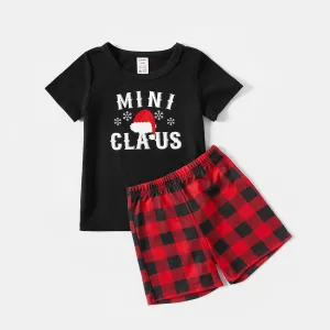 Christmas Hat and Letter Print Black Family Matching Short-sleeve Plaid Pajamas Sets (Flame Resistant) #1013954