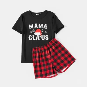 Christmas Hat and Letter Print Black Family Matching Short-sleeve Plaid Pajamas Sets (Flame Resistant) #1013956