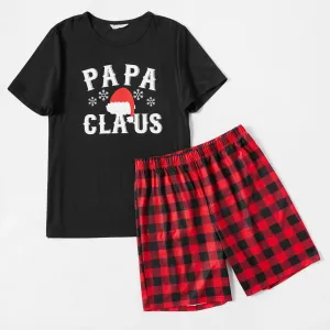 Christmas Hat and Letter Print Black Family Matching Short-sleeve Plaid Pajamas Sets (Flame Resistant) #1013959