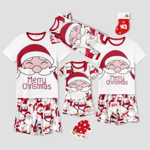 Christmas Santa and Snowman Print Family Matching Short-sleeve Tops and Shorts Pajamas Sets (Flame Resistant) #1083760