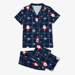 Christmas Santa & Snowflake Print Notched Collar button-down Shirt and Pants Family Matching Pajamas Sets (Flame Resistant) #1080361