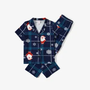 Christmas Santa & Snowflake Print Notched Collar button-down Shirt and Pants Family Matching Pajamas Sets (Flame Resistant) #1080368