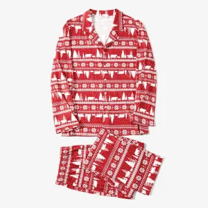 Christmas Tree & Bear Print Notched Collar button-down Shirt and Pants Family Matching Pajamas Sets (Flame Resistant) #1076472